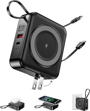 10000mAh for Magsafe Portable Charger Built-in Cables & AC Wall Plug,Black | 6-in-1,PD 22.5W USB C Fast Charging,15W Magnetic Wireless Charging,Charge 5 devices at once,LED Display Travel Power Bank