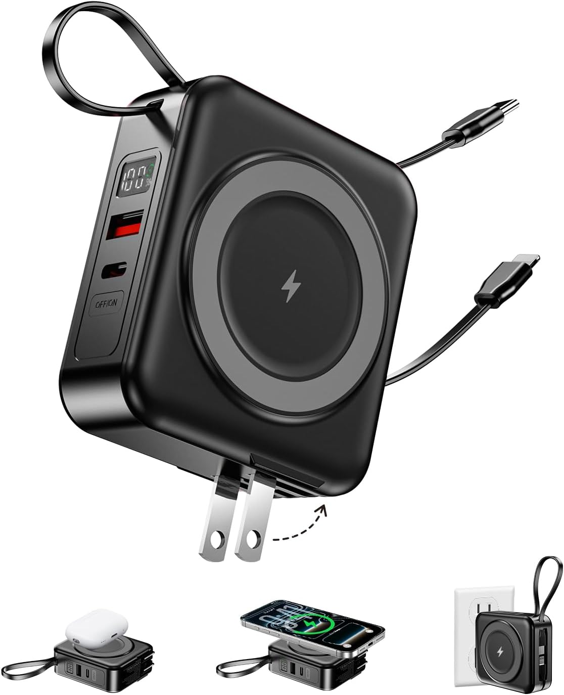 10000mAh for Magsafe Portable Charger Built-in Cables & AC Wall Plug,Black | 6-in-1,PD 22.5W USB C Fast Charging,15W Magnetic Wireless Charging,Charge 5 devices at once,LED Display Travel Power Bank