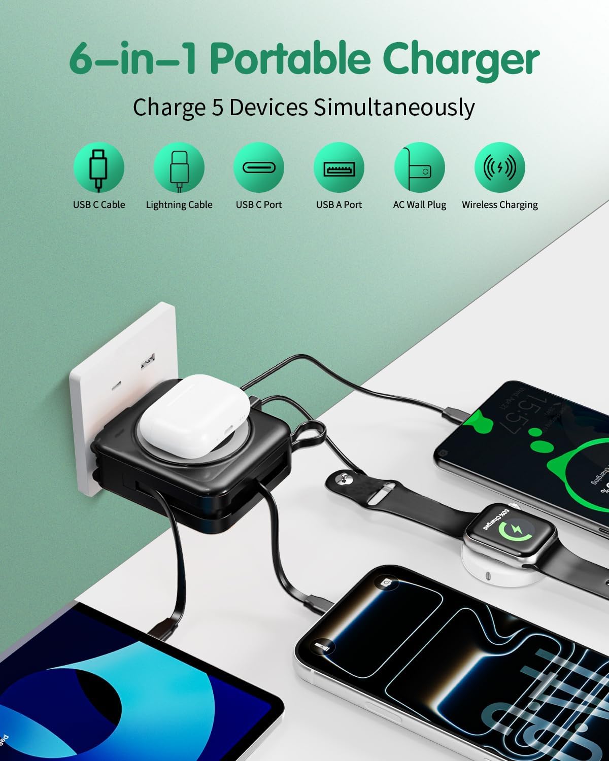 10000mAh for Magsafe Portable Charger Built-in Cables & AC Wall Plug,Black | 6-in-1,PD 22.5W USB C Fast Charging,15W Magnetic Wireless Charging,Charge 5 devices at once,LED Display Travel Power Bank - Image 4