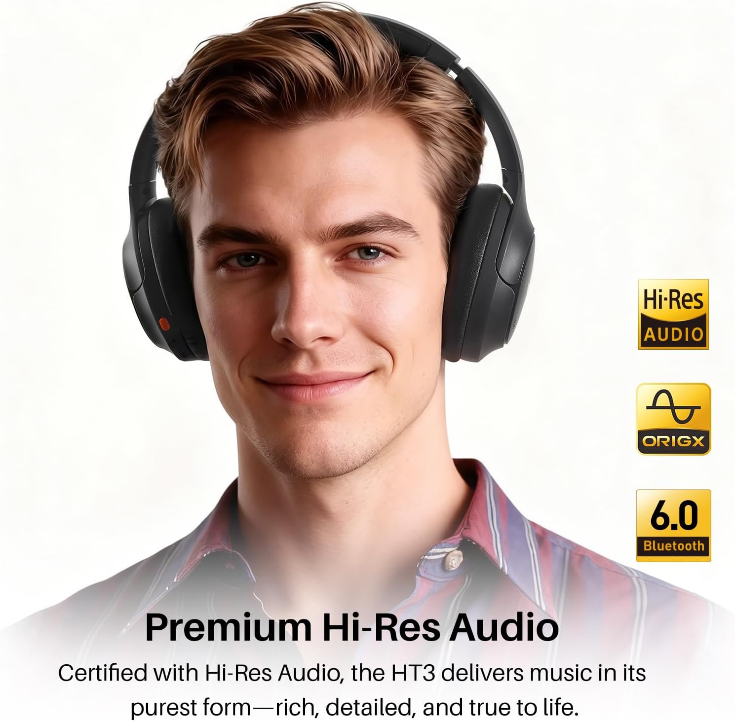 TOZO HT3 Hybrid Noise Cancelling Wireless Headphones, 90H Over Ear Headset | Hi Res Audio, AI Voice Assistant, Dual Device Connection, 32 Custom EQs, Built In 5 Mics, ANC, Foldable, Bluetooth 6.0 Black - Image 2