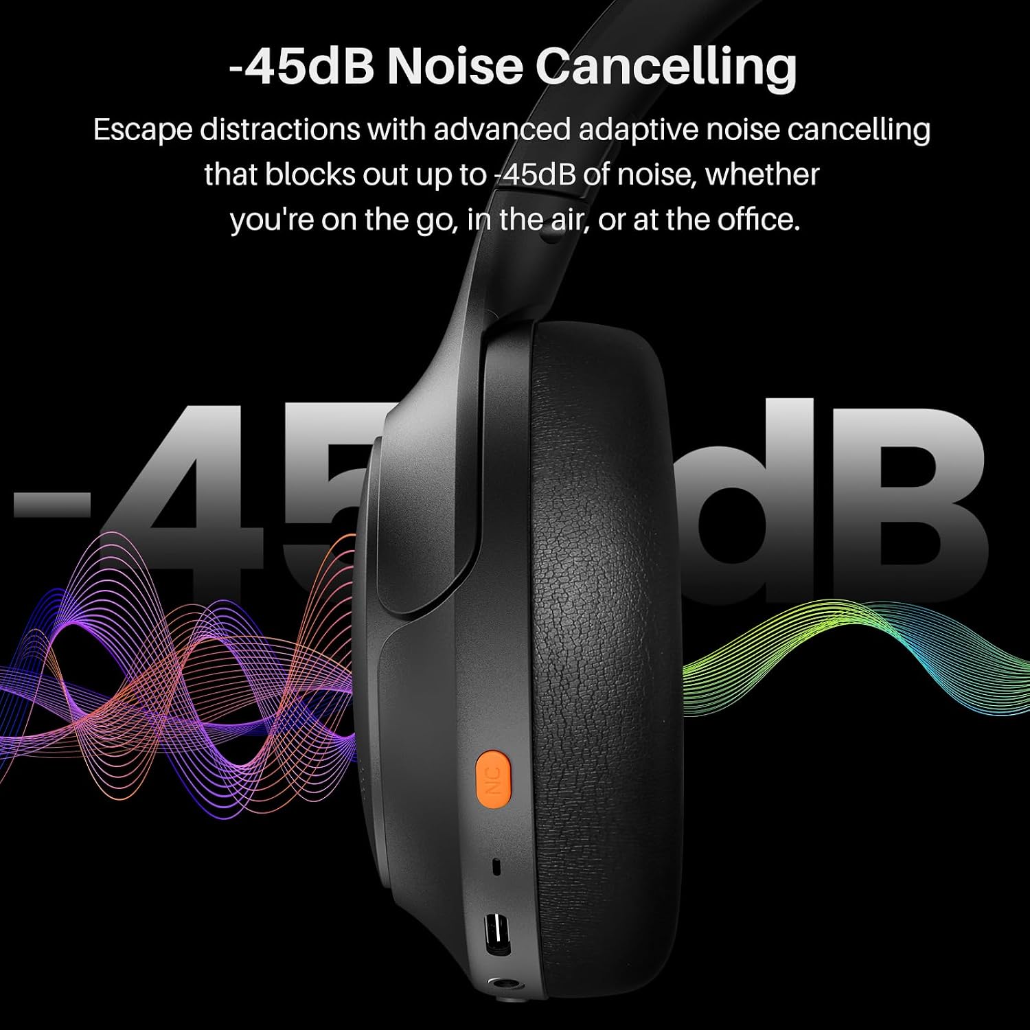 TOZO HT3 Hybrid Noise Cancelling Wireless Headphones, 90H Over Ear Headset | Hi Res Audio, AI Voice Assistant, Dual Device Connection, 32 Custom EQs, Built In 5 Mics, ANC, Foldable, Bluetooth 6.0 Black - Image 4