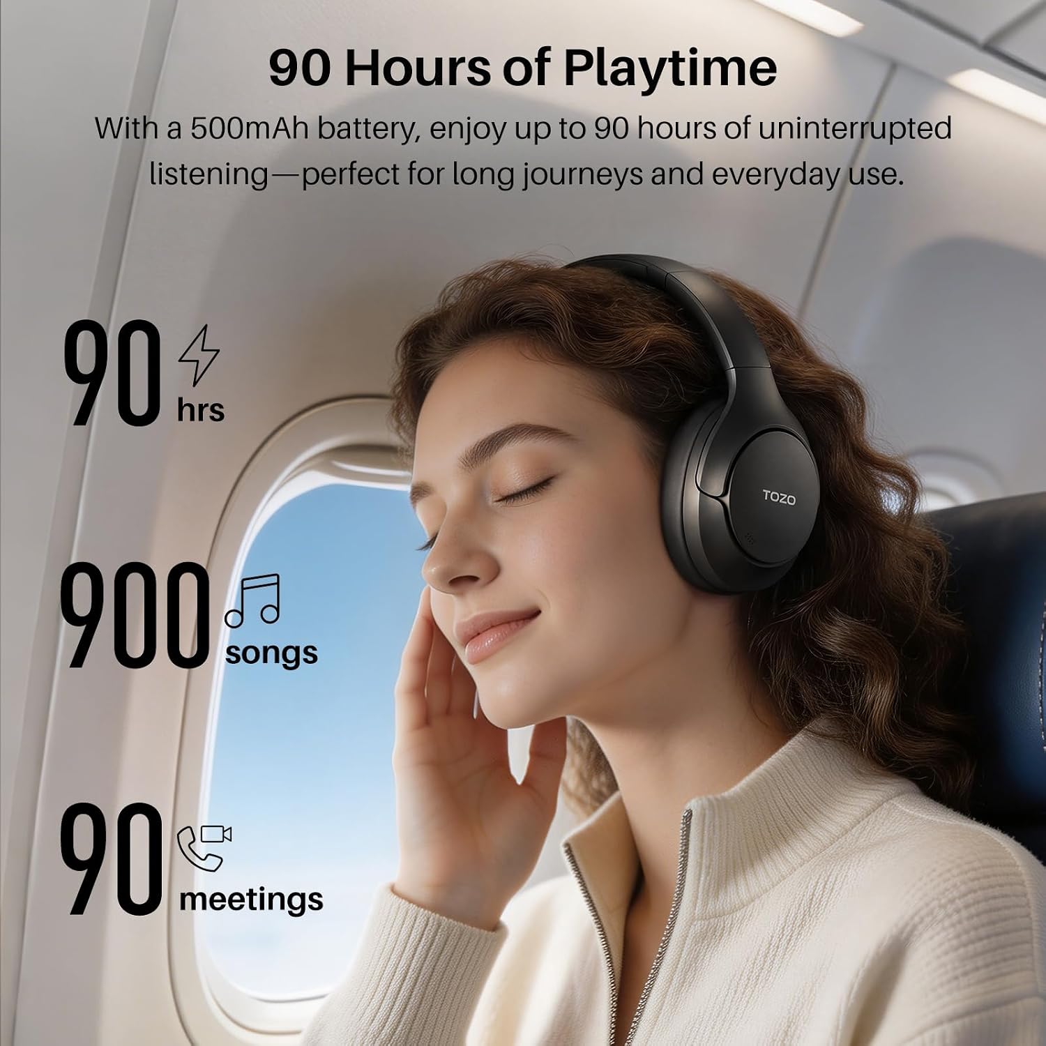 TOZO HT3 Hybrid Noise Cancelling Wireless Headphones, 90H Over Ear Headset | Hi Res Audio, AI Voice Assistant, Dual Device Connection, 32 Custom EQs, Built In 5 Mics, ANC, Foldable, Bluetooth 6.0 Black - Image 5