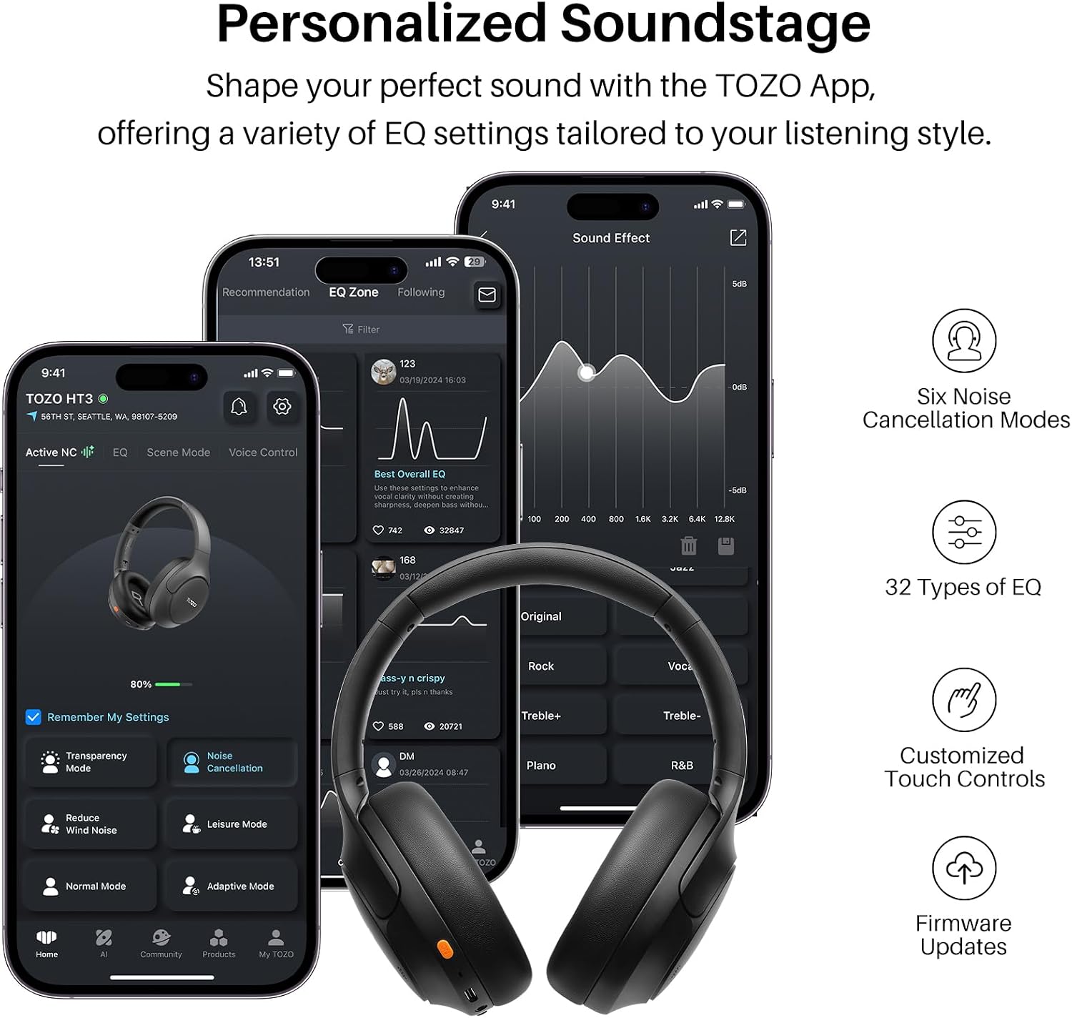 TOZO HT3 Hybrid Noise Cancelling Wireless Headphones, 90H Over Ear Headset | Hi Res Audio, AI Voice Assistant, Dual Device Connection, 32 Custom EQs, Built In 5 Mics, ANC, Foldable, Bluetooth 6.0 Black - Image 7