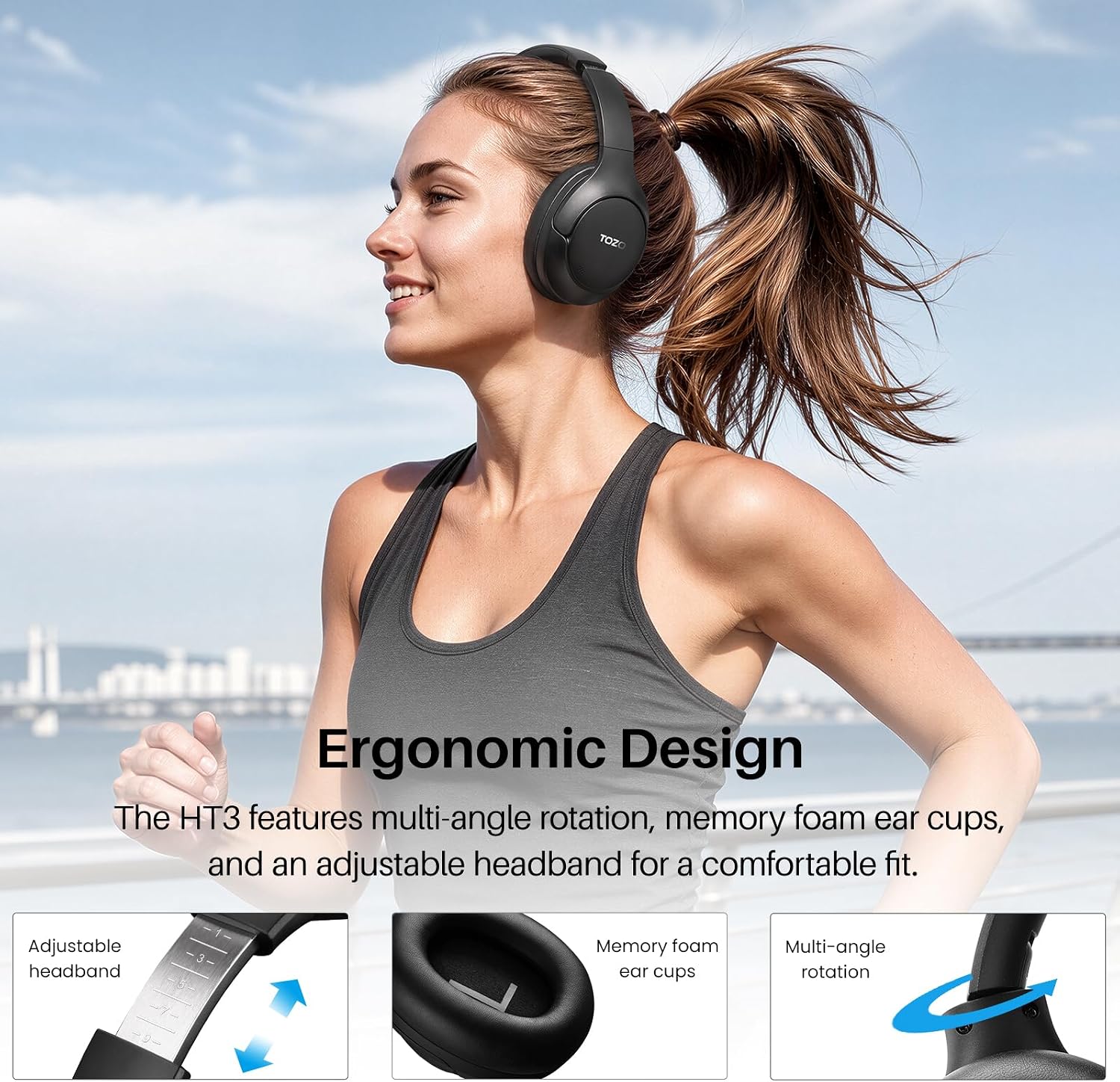 TOZO HT3 Hybrid Noise Cancelling Wireless Headphones, 90H Over Ear Headset | Hi Res Audio, AI Voice Assistant, Dual Device Connection, 32 Custom EQs, Built In 5 Mics, ANC, Foldable, Bluetooth 6.0 Black - Image 9